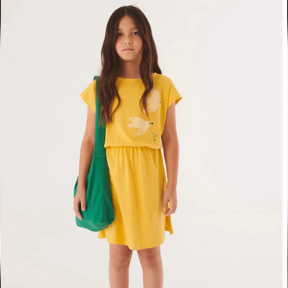 Letter to the world. Organic cotton Yellow Kids Dress with Bird Print. 12-13